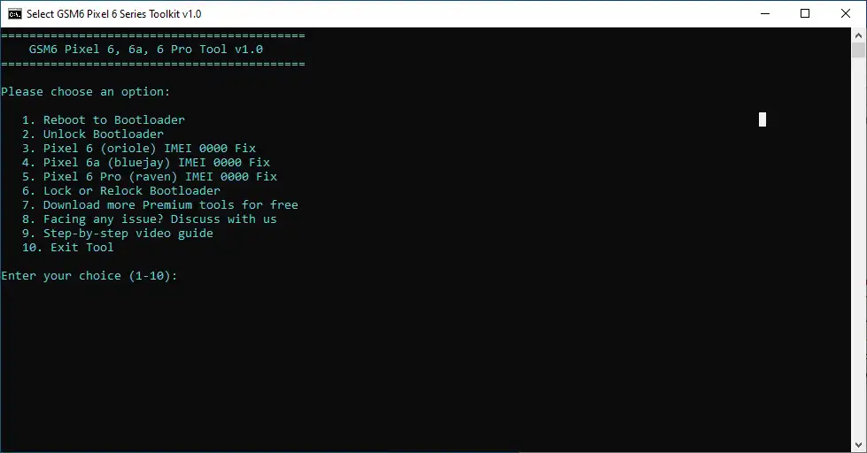 GSM6 Pixel 6 Toolkit interface screenshot showing main menu options for IMEI repair