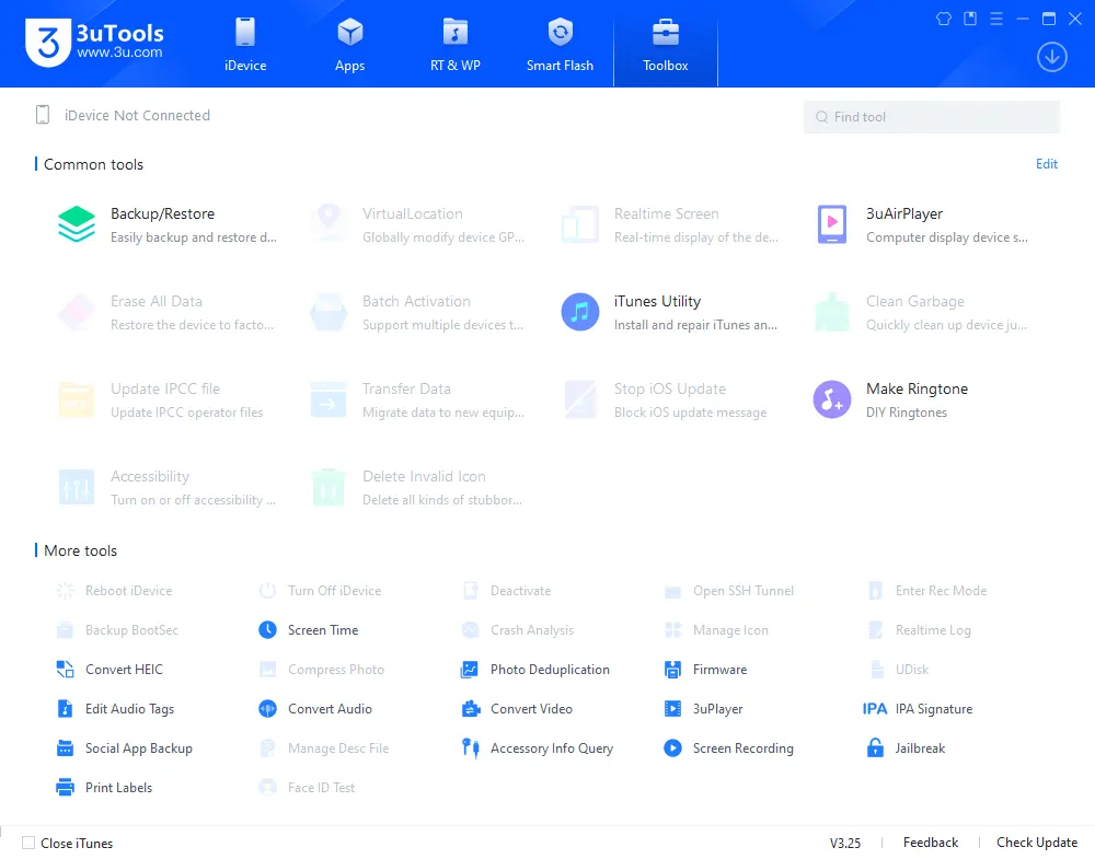 3utools review - toolbox screen