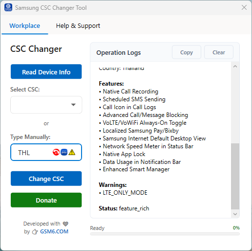 Samsung CSC Changer tool showing operation logs and feature detection warnings