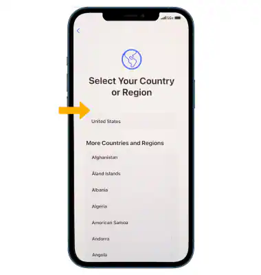 iPhone setup wizard language and region selection screen showing United States