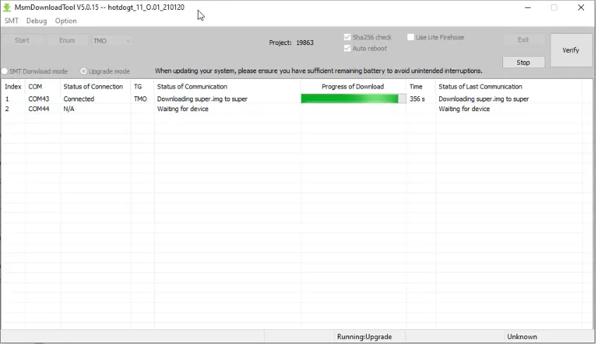 OnePlus MSM Download Tool interface for flashing stock firmware