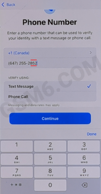 iPhone setup wizard phone number verification screen for Apple ID