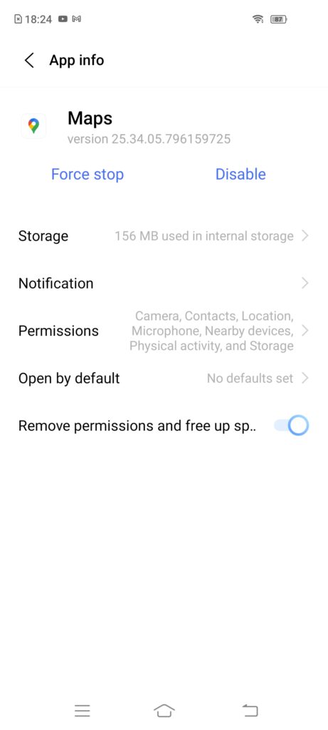 Google Maps app info settings screen for Android devices