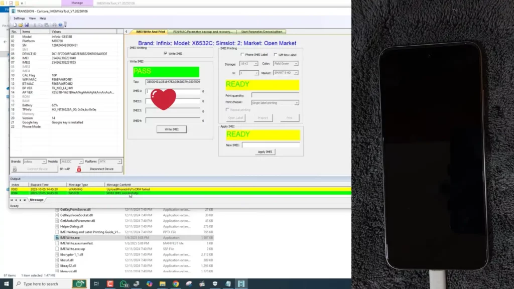 Transsaion Carlcare IMEIWrite Tool repairing corrupted imei on infinix hot 40i successful screenshot