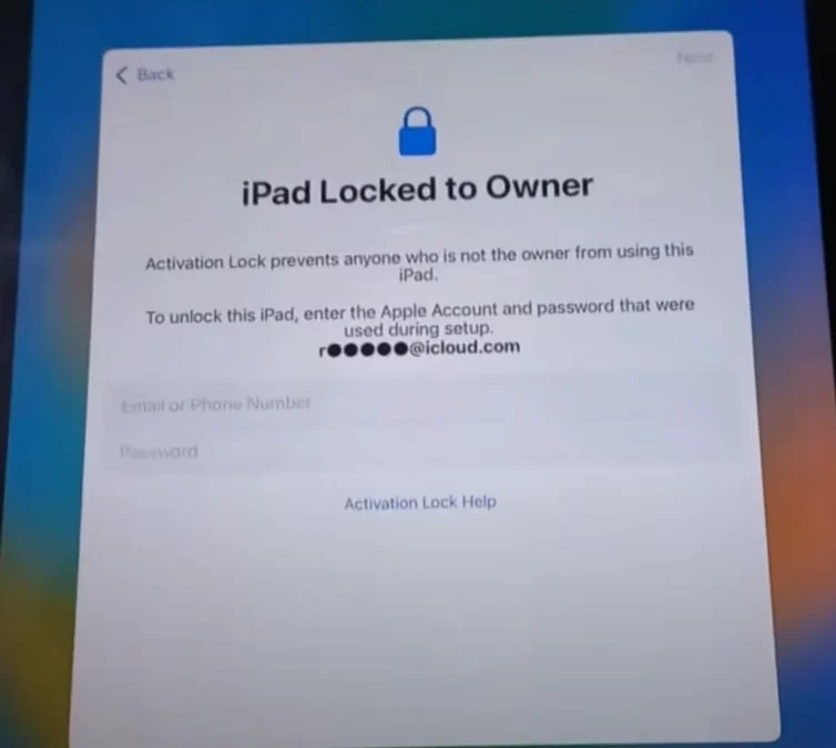 Apple iPad locked to owner screen showing iCloud Activation Lock on iOS 17