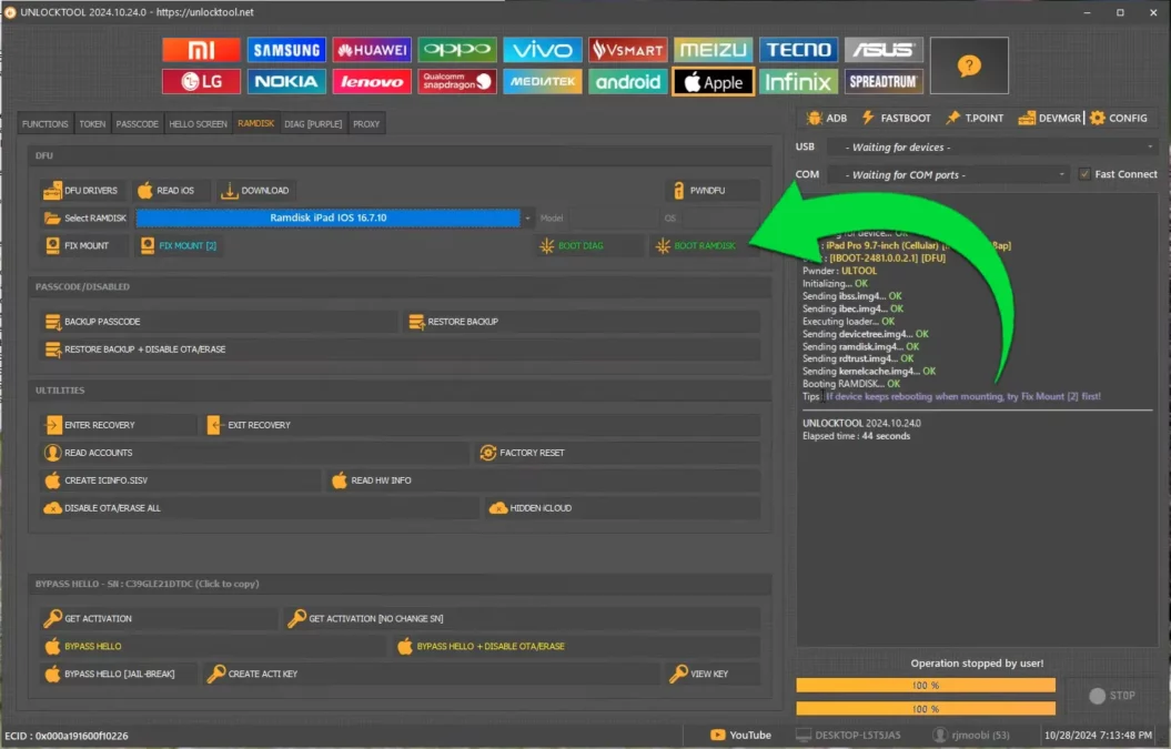 Booting into Ramdisk mode on iOS 17 iPad using UnlockTool