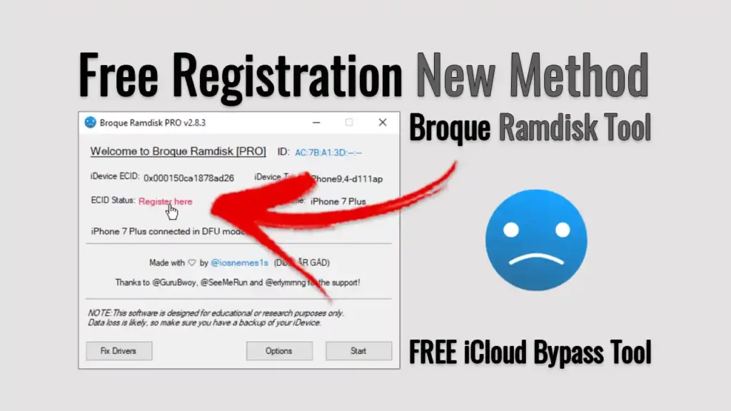Broque Ramdisk Pro tool free ECID registration method screenshot showing registration steps