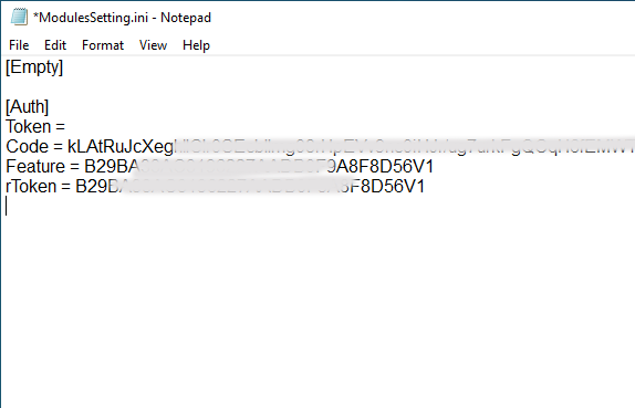 Carlcare modulesetting.ini configuration settings with feature code and token