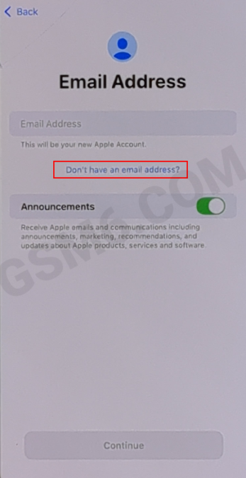 iPhone setup wizard create new iCloud email address screen