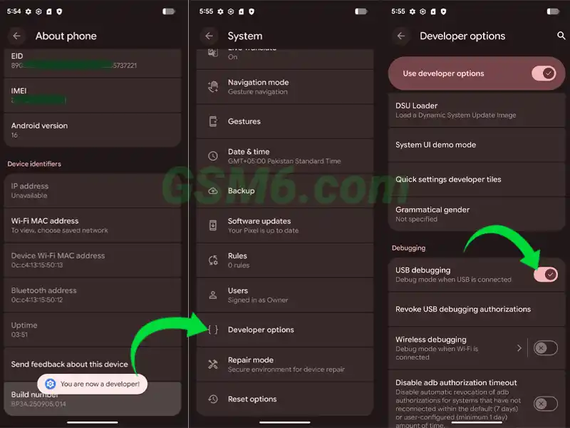 Android developer options showing USB debugging toggle enabled