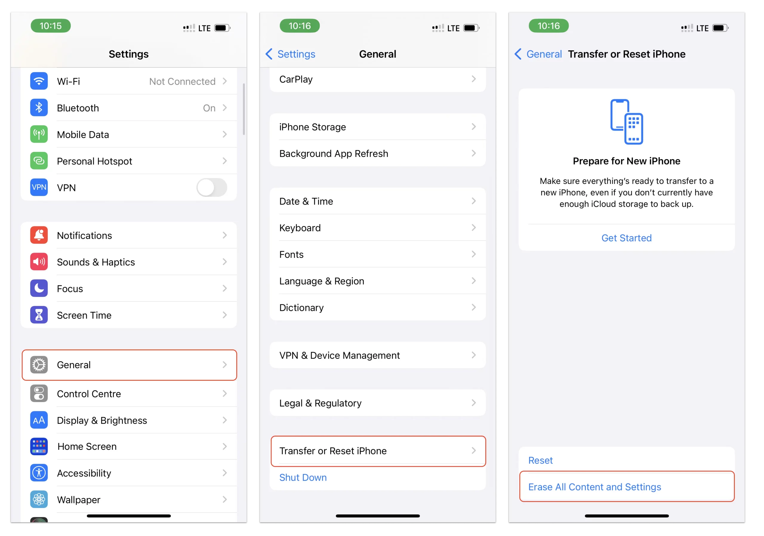 iPhone erase all content and settings factory reset screen