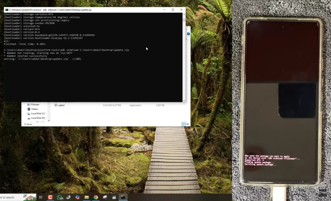 Flash Google Pixel without unlocking bootloader via ADB sideload installation progress screenshot
