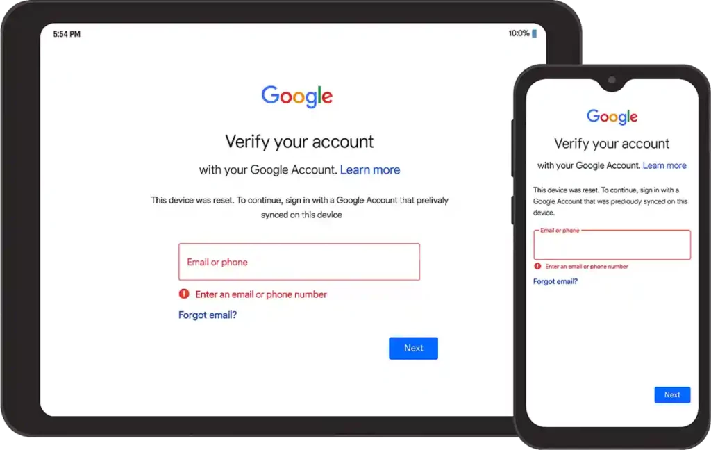 FRP Factory Reset Protection lock screen showing Google account verification on Android