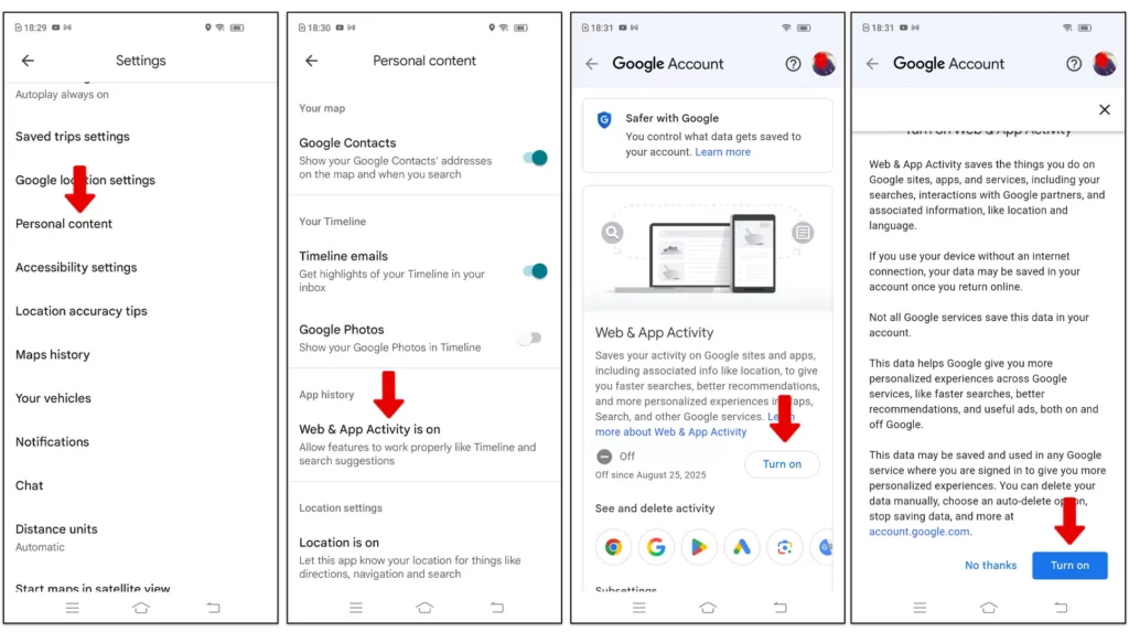 Turn on web and app activity to recover deleted places in Google Maps