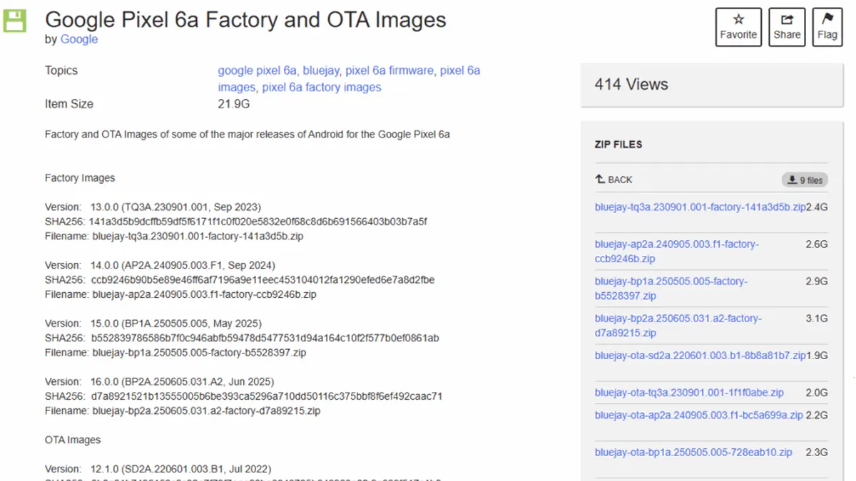 Where to Download Older Pixel 6a Firmware (bluejay)— Android 14 / 15 Factory or OTA Images