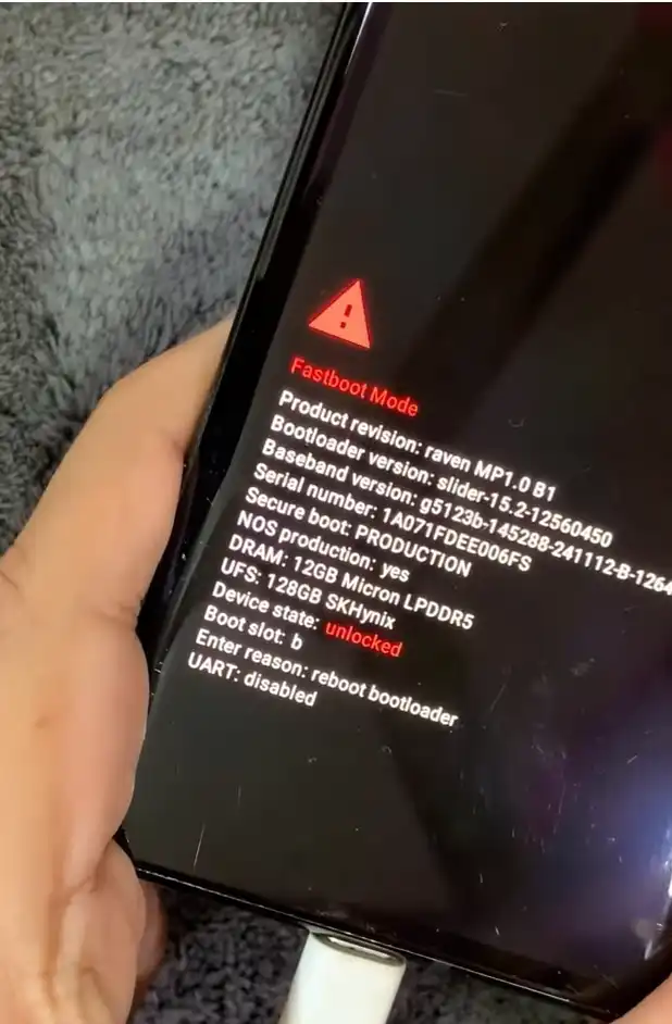 Google Pixel bootloader unlocked screen showing fastboot mode interface
