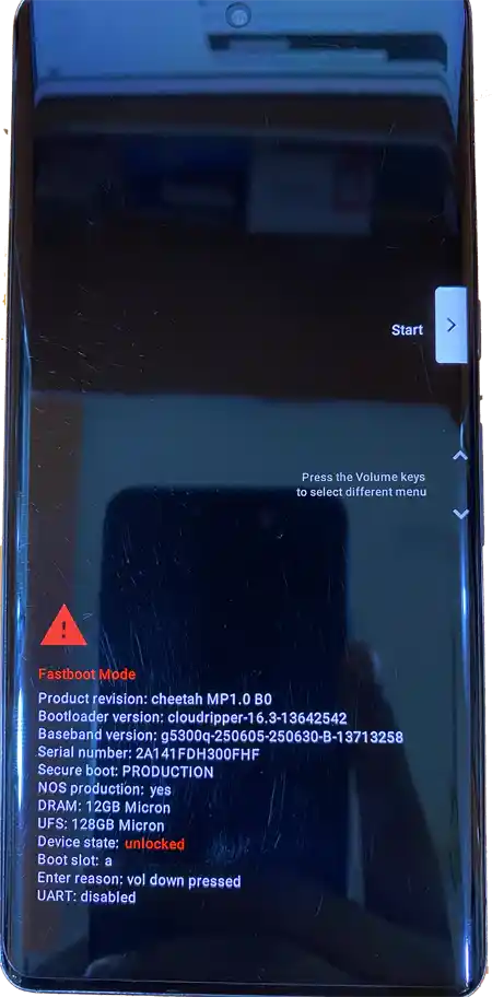 Google Pixel with bootloader unlocked showing fastboot mode screen