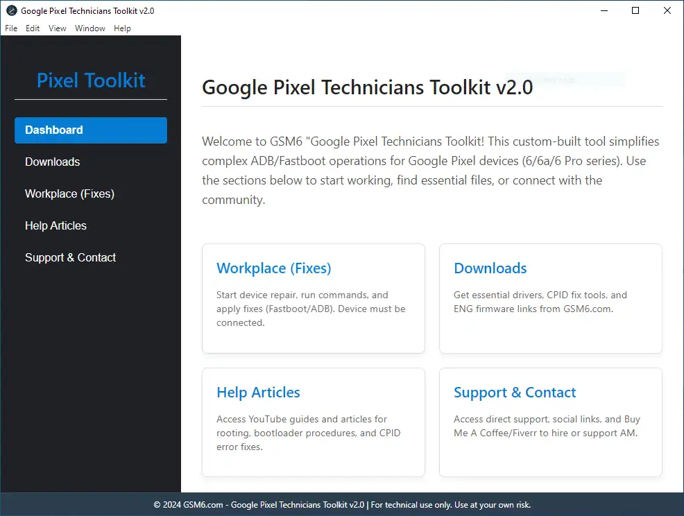 Google Pixel Technicians Toolkit v2.0.0 home screen interface with device selection options