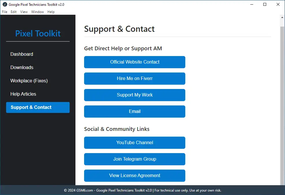 Google Pixel Technicians Toolkit v2.0.0 contact and support information screen