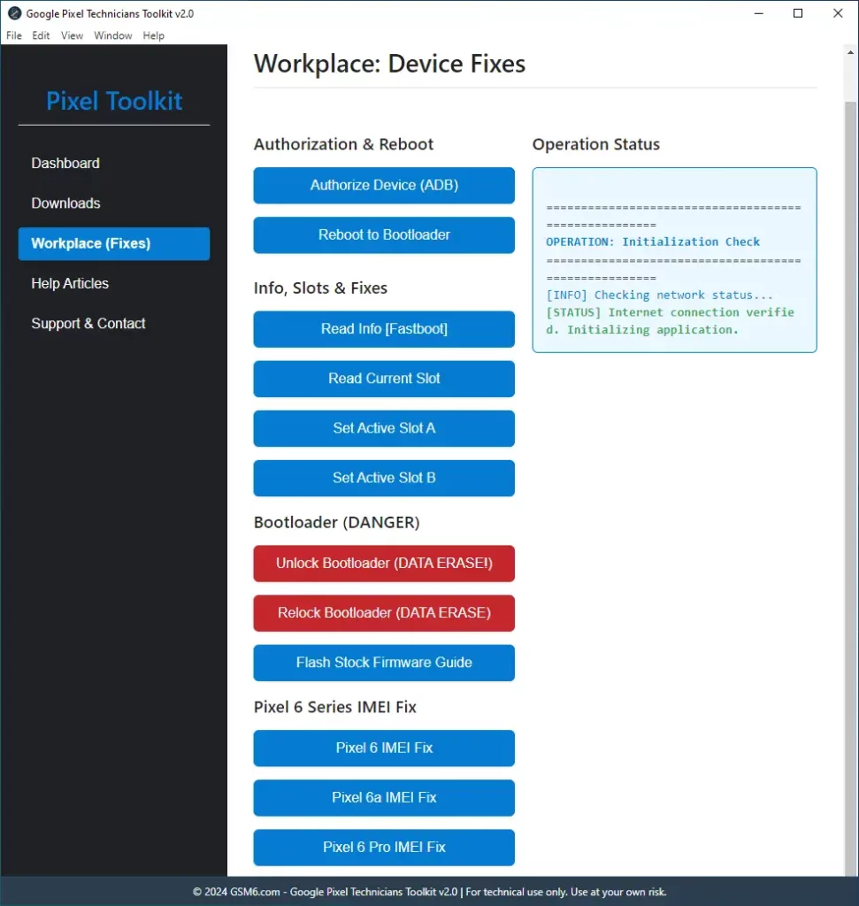 Google Pixel Technicians Toolkit v2.0.0 features screen showing IMEI 0 fix and bootloader options