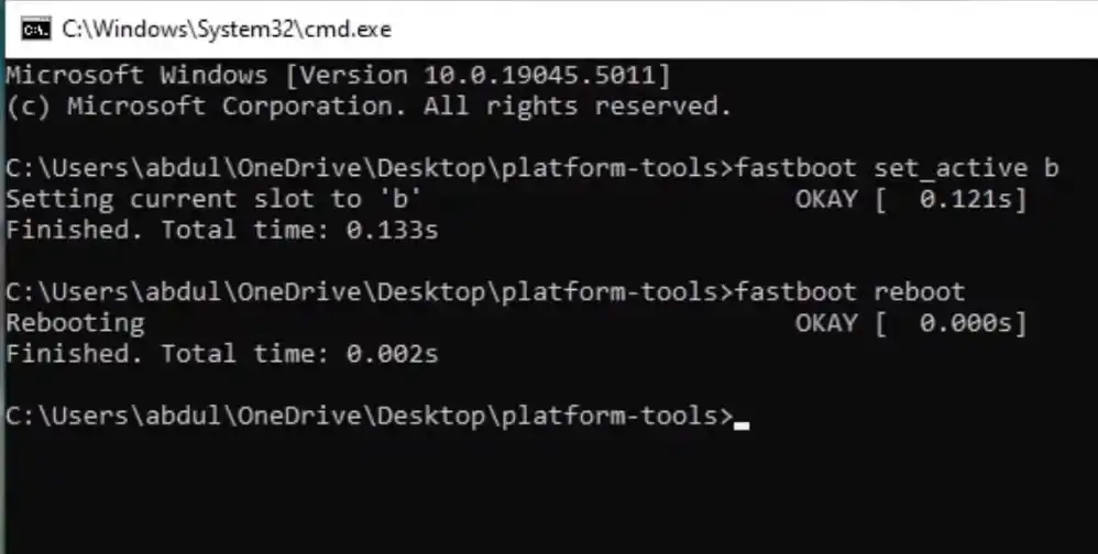 Fix device is corrupt error by changing active slot using fastboot command screenshot