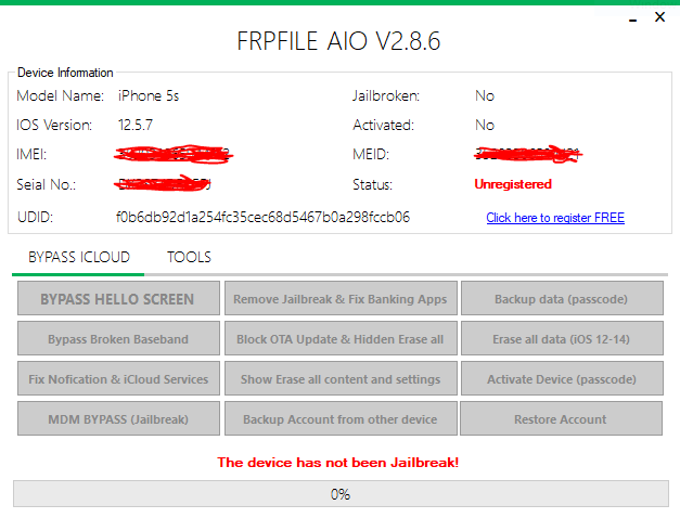 iFRP iCloud bypass tool v2.8.6 interface showing iOS 12.5.7 device support