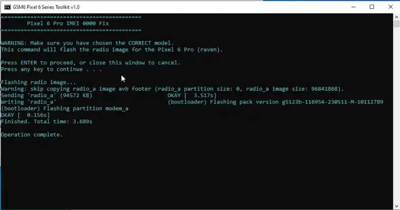 Screenshot of Pixel 6 toolkit flashing radio firmware using Fastboot commands on Windows computer