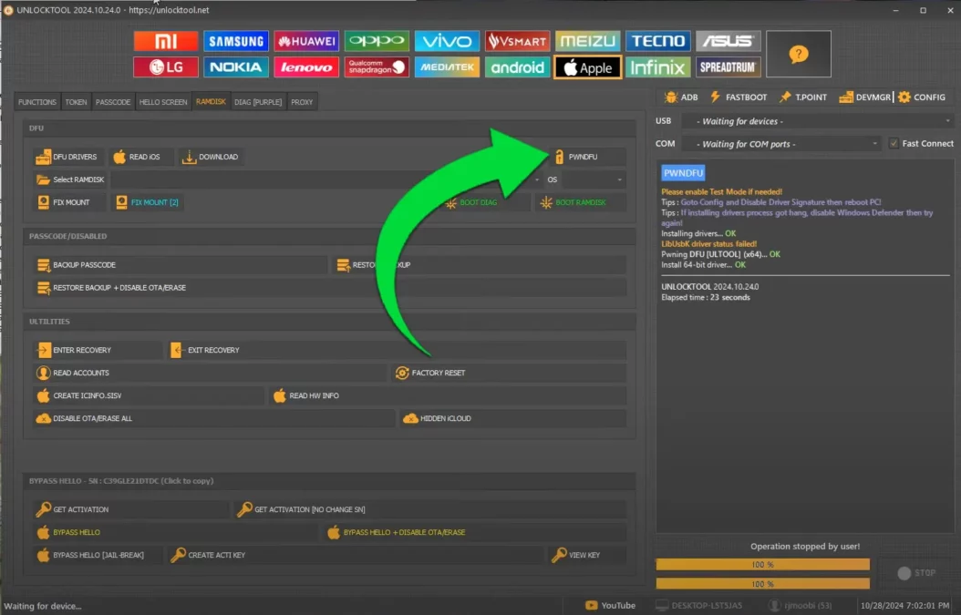 Entering PWNDFU mode using UnlockTool interface screenshot