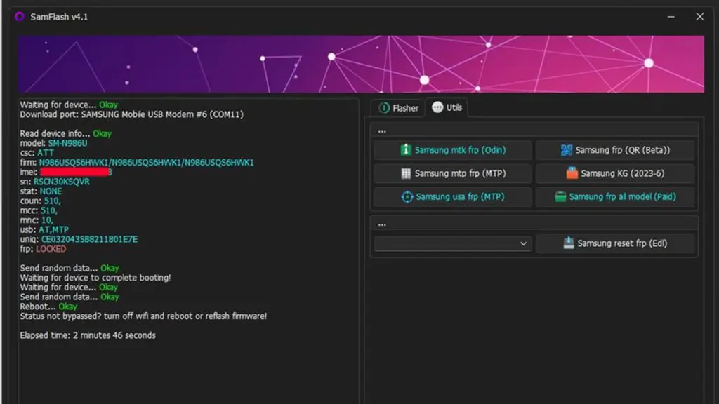 samsung flash v4.1 free frp remove tool for samsung devices interface screenshot