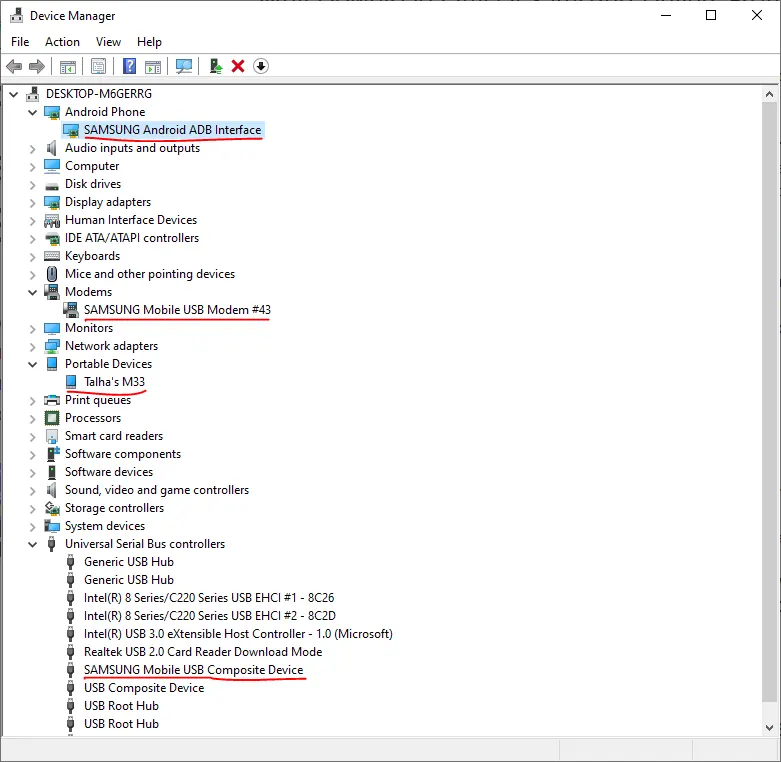Samsung Android USB Drivers showing ADB, Modem, MTP & Serial Port drivers in Device Manager