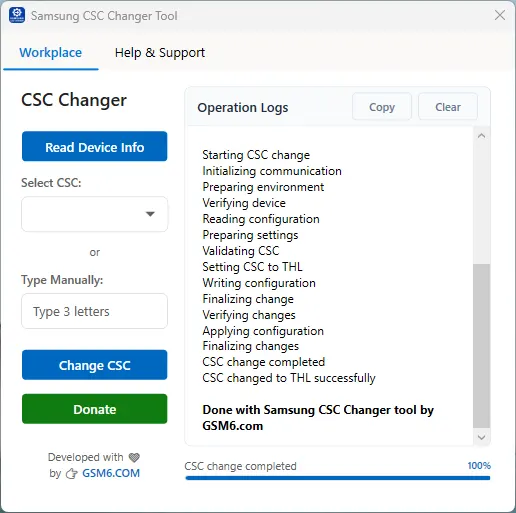 Samsung CSC Changer tool showing successful CSC change completion message