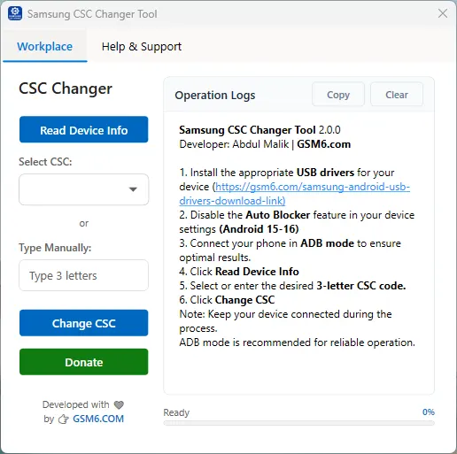 Samsung CSC Changer Tool V2.12.112025 interface showing device information and CSC selection options