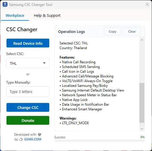 Samsung CSC Changer tool showing feature details and operation logs during CSC selection