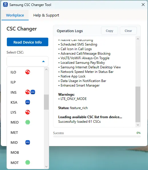 Samsung CSC Changer tool showing CSC list with emoji indicators for features