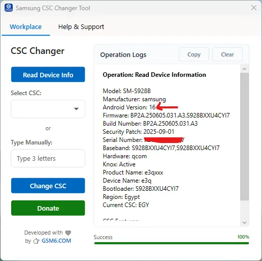 Samsung CSC Changer tool reading device information showing model and current CSC code