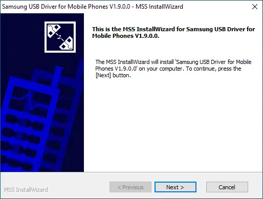 Samsung Android USB Drivers Installer welcome screen showing setup wizard