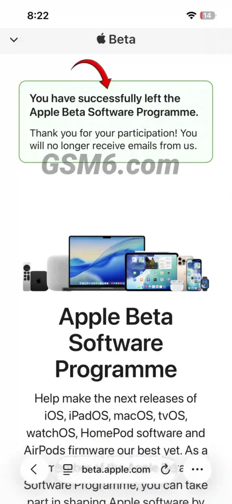 Step-by-step screenshot showing Apple iPhone iOS 26 beta unenroll process from Safari browser