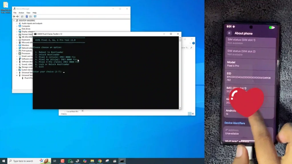 Proof screenshot of successful IMEI 0000 fix using GSM6 Pixel 6 Series Toolkit v1.0 showing restored IMEI number