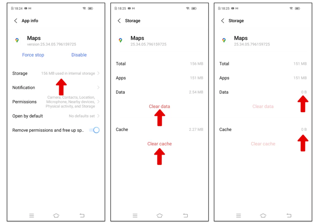 Clear app data and cache in Google Maps Android settings